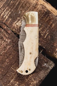 Handmade Industrial Grade Damascus Steel Folding <b>Knife</b> With Camel <b>Bone</b> <b>Handle</b> and Leather Sheath <b>for</b> Outdoor Camping - Product Image 4