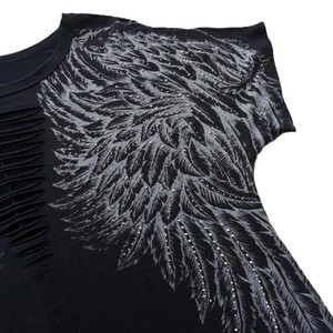 Women's Black Short Sleeve T-Shirt With <b>Feather</b> Print Ruched Front Loose Fit Casual O-Neck <b>Top</b> 100% Polyester Knitted Breathable - Product Image 5