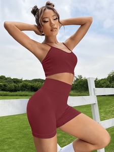 Ensemble de yoga deux pièces sans couture en Spandex/Polyester, respirant, léger, côtelé fin, haut court, haute élasticité, effet ventre plat - Product Image 3