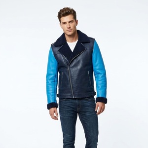 Veste de moto en cuir d'agneau bleu pour homme, respirante, anti-UV, doublure en sherpa, col rabattable, fermeture éclair, coupe-vent d'hiver - Product Image 1