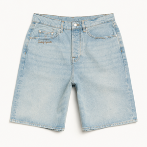 Shorts en jean bleu clair pour hommes, coupe ample, style streetwear, avec logo personnalisé, vente en gros, coupe décontractée, longueur genou, coton vintage, été - Product Image 2