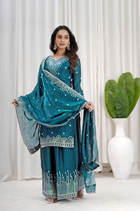 Fendy Silk Sequins Heavy Embroidered Tunic Top With Micro Cotton Lined Elastic Sharara Pants And Dupatta <b>3</b> <b>Piece</b> Set UV 157 - Product Image 3