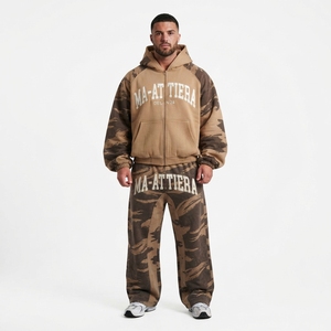 Ensemble survêtement homme marron beige camouflage à capuche zippé coupe ample manches contrastantes streetwear personnalisé OEM ODM vente en gros - Product Image 1