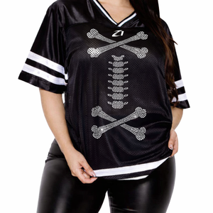 Camiseta de fútbol americano de malla para mujer con gráfico de esqueleto de diamantes de imitación de lujo, manga corta, transpirable, oversize, estilo streetwear, al por mayor - Product Image 1