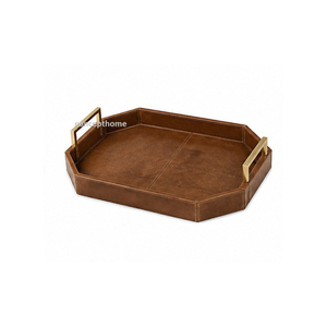 Bandeja Redonda de Cuero para Servir con Asas de Latón, Acabado Envejecido, Color Sólido, Uso Residencial - Product Image 6