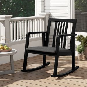 Poltrona da Interno in Legno Massello di Gomma con Capacità di Carico di 180 kg, Cuscino in Lino Nero, Sedia Relax - Product Image 2