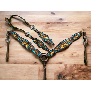 Ensemble de bridon et de harnais western en cuir fait main avec têtière et collier, de haute qualité, marque indienne - Product Image 1