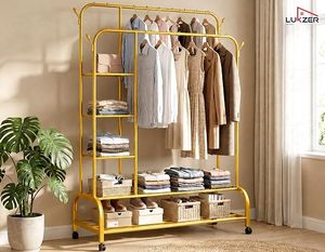 Metal Clothing <b>Rack</b> With Wheels 5-Tier Storage Holder Modern <b>Wardrobe</b> Stand for Clothes Organization - Product Image 1