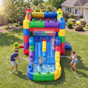 Castillo Inflable de Bloques de Construcción con Tobogán, Combinación de Juegos Inflables de PVC para Niños, Fácil de Instalar, para Fiestas en Exteriores, Jardín y Hogar - Product Image 1