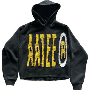 Distressed Men's Hoodie Sweatshirts Black Color Full Sleeve Warm Winter <b>Thermal</b> <b>Fleece</b> Hoodies With Distress Embroidery - Product Image 1