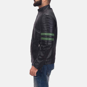 Veste de moto en cuir véritable noir pour homme avec manches rayées vertes, col montant, fermeture éclair, coupe ajustée, style moto - Product Image 4