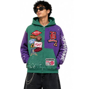 Sweat-shirt à capuche zippé pour homme BRANDNAME, vert et violet, patchwork, streetwear, surdimensionné, en coton tricoté, pour l'automne - Product Image 2
