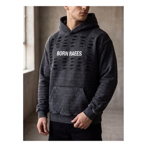 Sudadera con Capucha Negra para Hombre, Estilo Urbano, con Estampado Gráfico Desgastado, de Felpa, con Detalles Recortados - Product Image 6