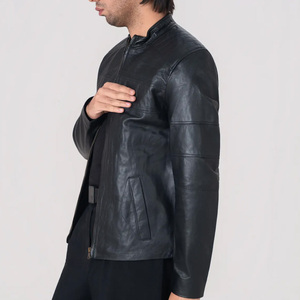 Blouson Moto Homme en Cuir Véritable Noir, Col Montant, Fermeture Éclair, Coupe Slim, Longueur Standard, Couleur Unie, Idéal pour l'Automne – Vente en Gros - Product Image 2
