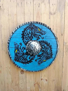 Bouclier rond Viking médiéval personnalisé en acier et bois, fait main, poli, motif géométrique, 24 pouces, décoration intérieure, fabricant OEM - Product Image 1