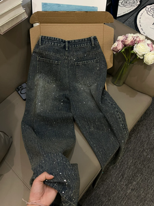 Jean en denim pour femme à strass, taille haute, coupe ample, délavé, jambe large, style mode - Product Image 6