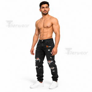 Tiierwear Men's <b>Black</b> <b>Ripped</b> <b>Jeans</b> <b>High</b> <b>Waist</b> Distressed Denim Straight Fit Casual Pants with Logo on Right Leg Denim Pants - Product Image 1