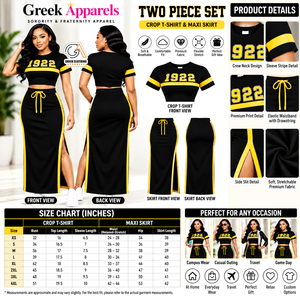 Women's Sigma Gamma Rho Sorority <b>Black</b> Gold 1922 Two Piece Set O-Neck Crop <b>Top</b> Natural Waist Drawstring Slit Maxi <b>Skirt</b> Casual - Product Image 5