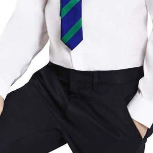 Camisa de uniforme escolar para niños, de algodón Oxford blanco, manga larga, con corbata a rayas azul y verde, con detección de aguja. - Product Image 2