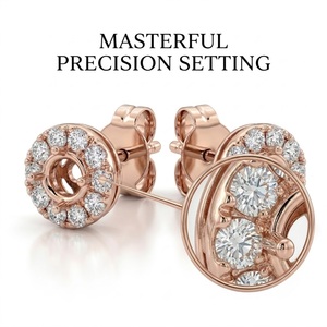 Venta al por mayor de pendientes de oro rosa de 18 quilates con halo de diamantes, semimonturas para diamantes naturales, OEM, ODM, MOQ 1 unidad - Product Image 2