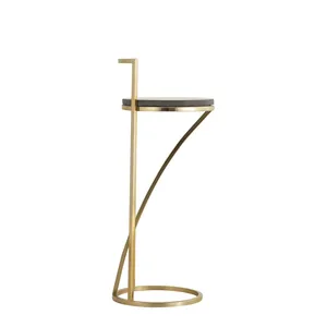 Mesa Auxiliar Redonda Moderna con Estructura de Latón y Tapa de Piedra Oscura, Mueble Decorativo para Sala de Estar Interior - Product Image 5