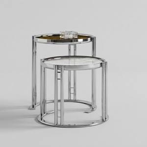 Modern Luxury Round Nesting Coffee <b>Table</b> Set Of 2 Polished Chrome Stainless Steel Frame With Faux Marble And Glass Top On <b>Sale</b> - Product Image 1