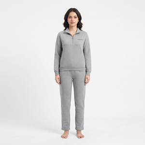 Conjunto de dos piezas de chándal de algodón con cremallera media y bolsillos laterales para mujer, color gris sólido, marca Premium HAWK EYE. - Product Image 5