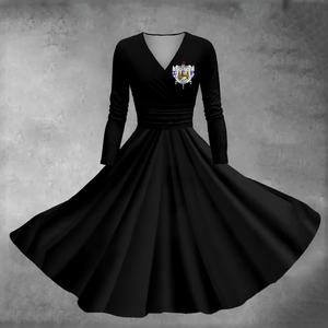 Robe midi noire élégante à col en V et manches longues pour femme, coupe ajustée, décontractée, pour soirée, mode, tenue formelle moderne pour dames - Product Image 1