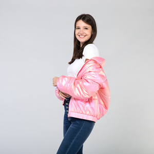 Chaqueta acolchada rosa brillante para mujer, con cuello alto y cremallera, estilo bomber, gruesa y cálida para invierno - Product Image 2