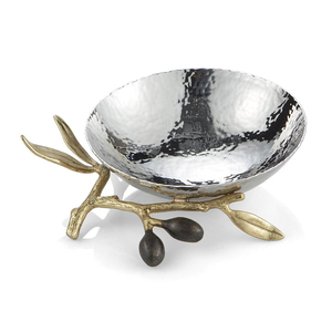 Frutero de metal elegante con diseño de rama de olivo dorada martillada y cuenco plateado, para decoración de hogares de lujo, hoteles y regalos de mesa. - Product Image 2