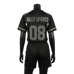 Conjunto de Jersey y Pantalones Cortos de Fútbol de Malla de Poliéster Premium de 220 GSM, Panel Negro y Blanco, Logotipo con Pedrería, Conjuntos para Mujer - Product Image 2