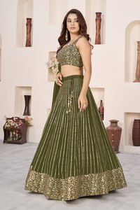 Ovlive Green <b>Sequin</b> Embroidered Lehenga Choli Organza Dupatta A-Line <b>Crop</b> <b>Top</b> Wedding Reception Outfit - Product Image 3
