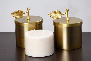 Modern design gold electroplated brass candle jar with lid leaf design <b>decorative</b> candle holder scented soy wax candle - Product Image 4