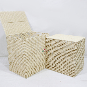 Handwoven Paper Rope Wicker <b>Rectangular</b> Laundry Hamper <b>Storage</b> <b>Basket</b> with Hinged Lid - Product Image 3