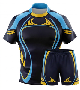 Maillot de rugby ajusté à manches courtes pour homme, bleu foncé avec rayures rouges, sublimé, en polyester respirant, vêtements de sport - Product Image 3