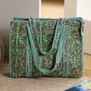 Bolso Tote de Algodón Acolchado Verde para Mujer, Bolso de Hombro Floral Vintage Hecho a Mano, Bolso Abierto Estilo Bohemio para Uso Diario - Product Image 4