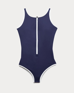 Maillot de bain une pièce léger bleu marine pour femme, bretelles spaghetti, avec bordure blanche et fermeture éclair au dos, couleur unie minimaliste, été - Product Image 1