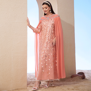 AN13050 Women Modest <b>Loose</b> Fit Polyester Mesh Embroidered Middle Eastern Ethnic Muslim Abaya Daily Evening <b>Dress</b> - Product Image 4