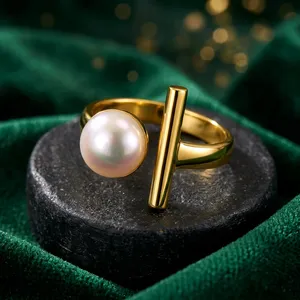 Gold Plated Pearl <b>Ring</b> Geometric Statement Band for Women Party Daily Wear - Product Image 4