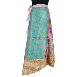 Ladies Summer Bohemian Multi-Layer Below the Knee Indian Silk Sari <b>Wrap</b> <b>Skirt</b> Knee Maxi Length Plus Size Manufacturer Wholesaler - Product Image 3