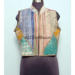 100% Cotton <b>Kantha</b> Waistcoat for Women Handmade Unique Spring Winter Sleeveless Vest with Patchwork Logo Design - Product Image 3