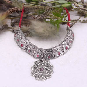 Fashion Jewelry Set Square Pendant Choker and Earrings with Silver-Tone Finish and Red Stone Studs - Product Image 2