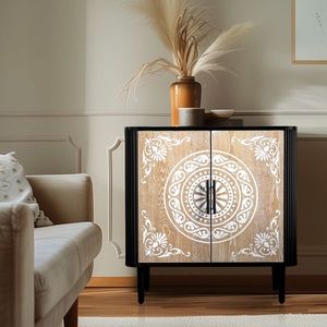 FCH Carved Pattern MDF Sideboard High Feet Oval Tabletop Curved Side Frame Door Panel Spray Painted Cabinet Body Polished - Product Image 4