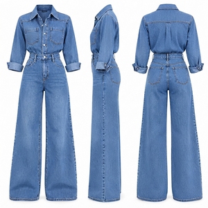 Womens Denim Overalls High Waist Wide Leg Button Front Loose Fit Casual Spring Style Stonewashed Cotton <b>Jumpsuit</b> - Product Image 5