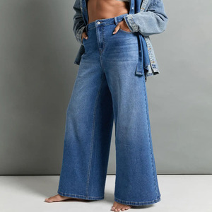 Jean décontracté taille haute à jambe large pour femme, en coton délavé, couleur unie, avec braguette boutonnée, grande taille, qualité supérieure - Product Image 3