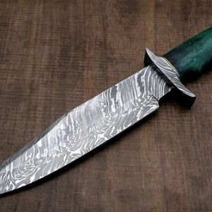Couteau de chasse Bowie personnalisable en acier Damas de qualité industrielle, pointe clip, fourreau en cuir fait main, manche en bois, OEM, survie - Product Image 3