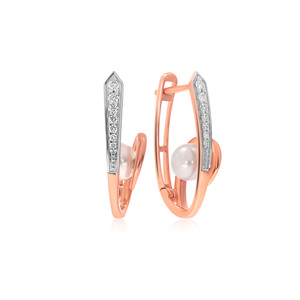 Boucles d'oreilles en or rose avec perles et diamants de laboratoire taille brillant rond, bijoux minimalistes pour femme, à porter au quotidien - Product Image 2