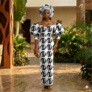 Robe longue africaine en tissu wax vert et blanc avec manches bouffantes et ensemble de foulard Gele assorti - Product Image 3