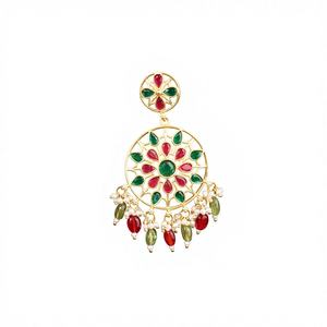 Pendientes de Lujo de Latón con Baño de Plata Antigua, Estilo Indio Kundan Meenakari, Étnicos, para Mujer, con Piedras Rojas y Verdes Tradicionales, para Fiesta - Product Image 1