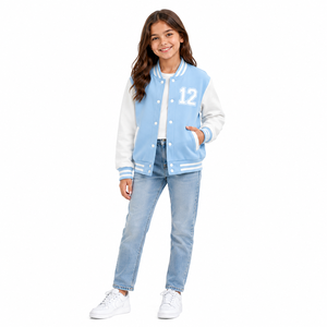 B.B INDUSTRY Teal White Letter B Embroidery Denim Varsity Jacket Preppy Style Turn-down Collar <b>Covered</b> <b>Button</b> Closure Regular - Product Image 5